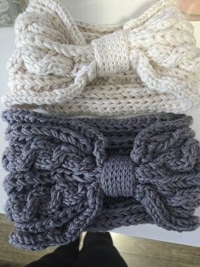 Knitted Bow Headband Set for Kids - Cream & Gray
